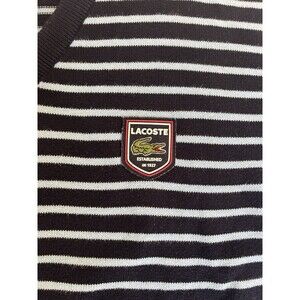Lacoste Striped V Neck Sweater Mens XL Navy Blue Cotton Pullover Logo